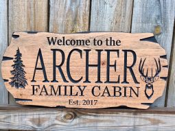 Personalized Outdoor Cabin Sign With Deer And Pine Tree