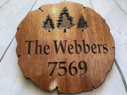 Rustic Round Log Shape Sign with Pine Trees