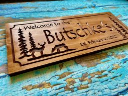 Carved Family Name Sign with Pine Trees and Deer, Custom Home With Established Date