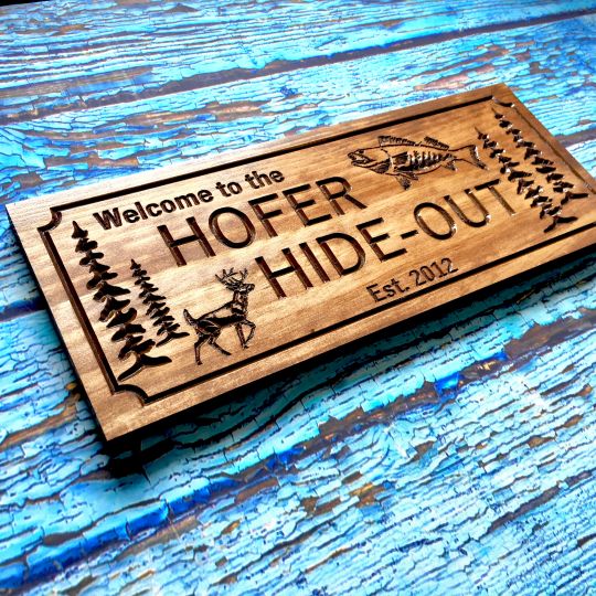 Pine Tree, Deer, Fish Lake House Sign: benchmarksignsandgifts.com