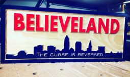 Believeland Sign: Navy Blue and Red