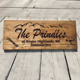 Mountain Range Sign With Skis Personalized