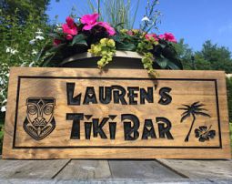 Custom Wood Tiki Bar Sign with Tiki Head Hibiscus Flower and Palm Tree